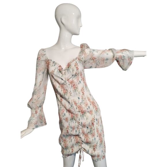 STORIA Women's Size Large Pastel Floral Smocked Chiffon Ruffle Whimsical Dress - Picture 2 of 10